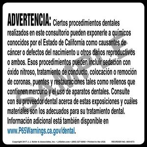 California Prop 65: Dental Procedure Warning Label - Spanish