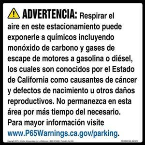 California Prop 65: Parking Facility Warning Sign - Spanish