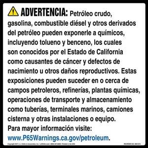 California Prop 65: Petroleum Products Warning Sign - Spanish