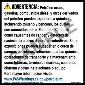 California Prop 65: Petroleum Products Warning Sign - Spanish