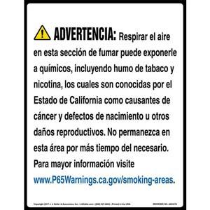 California Prop 65 Spanish Warning Sign: Smoking Area Contains Chemicals Known to Cause Cancer/Reproductive Harm