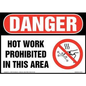 Danger: Hot Work Prohibited In This Area Sign with Icon - OSHA