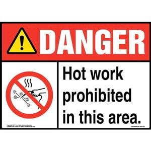 Danger: Hot Work Prohibited In This Area! Sign with Icon - ANSI