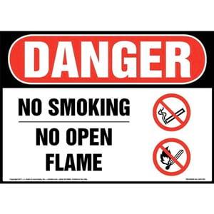 Danger: No Smoking No Open Flame Sign with Icon - OSHA