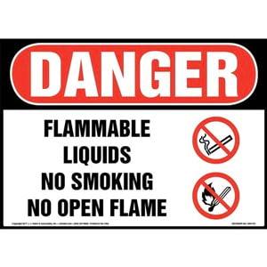 Danger: Flammable Liquids No Smoking No Open Flame Sign with Icon - OSHA