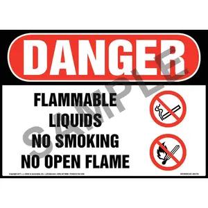 Danger: Flammable Liquids No Smoking No Open Flame Sign with Icon - OSHA
