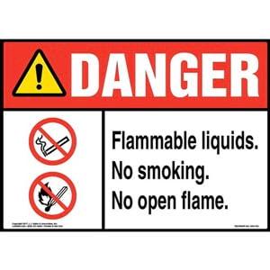 Danger: Flammable Liquids. No Smoking. No Open Flame Sign with Icon - ANSI