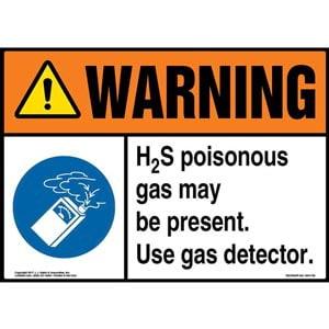 Warning: H2S Poisonous Gas May Be Present. Use Gas Detector Sign with Icon - ANSI
