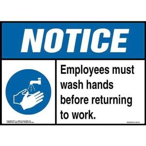Notice: Employees Must Wash Hands Before Returning To Work Sign with Icon - ANSI