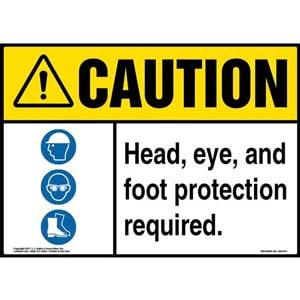 Caution: Head, Eye, And Foot Protection Required Sign with Icon - ANSI