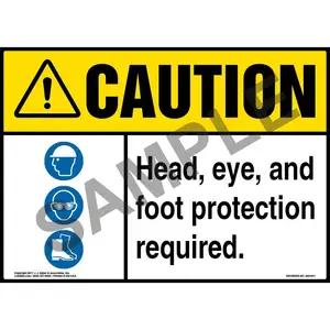 Caution: Head, Eye, And Foot Protection Required Sign with Icon - ANSI