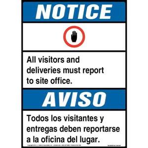 Notice: All Visitors, Deliveries Must Report To Site Office Bilingual Sign with Icon - ANSI