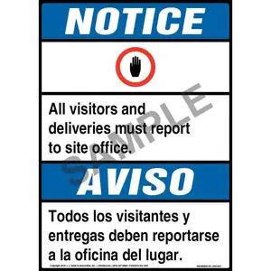 Notice: All Visitors, Deliveries Must Report To Site Office Bilingual Sign with Icon - ANSI