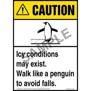 Caution: Icy Conditions May Exist, Walk Like A Penguin Sign with Icon - ANSI