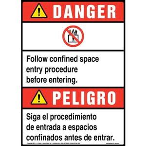 Danger: Follow Confined Space Entry Procedure Bilingual Sign with Icon - ANSI