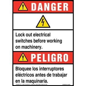 Danger: Lock Out Electrical Switches Bilingual Sign with Icon - ANSI