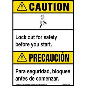 Caution: Lock Out For Safety Bilingual Sign with Icon - ANSI