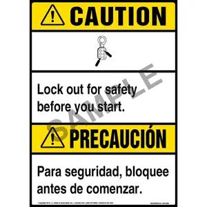 Caution: Lock Out For Safety Bilingual Sign with Icon - ANSI