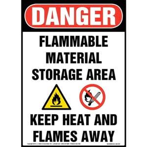 Danger: Flammable Material Storage Area, Keep Heat/Flames Away Sign with Icons - OSHA