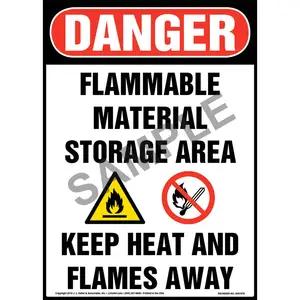 Danger: Flammable Material Storage Area, Keep Heat/Flames Away Sign with Icons - OSHA