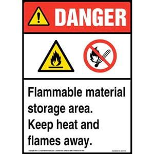Danger: Flammable Material Storage Area, Keep Heat/Flames Away Sign with Icons - ANSI