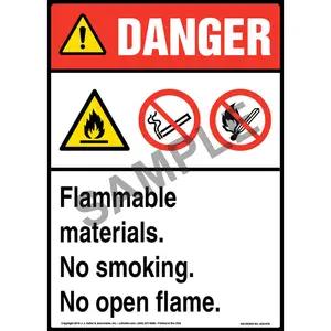 Danger: Flammable Materials, No Smoking, No Open Flame Sign with Icons - ANSI