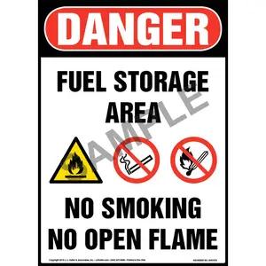 Danger: Fuel Storage Area, No Smoking, No Open Flame Sign with Icons - OSHA