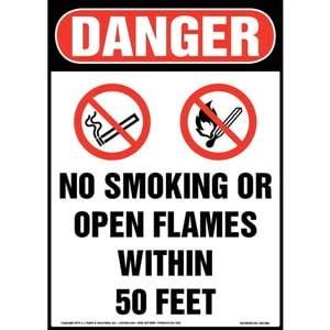 Danger: No Smoking Or Open Flames Within 50 Feet Sign with Icons - OSHA