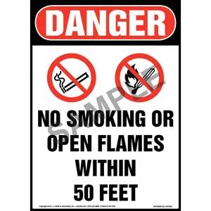Danger: No Smoking Or Open Flames Within 50 Feet Sign with Icons - OSHA