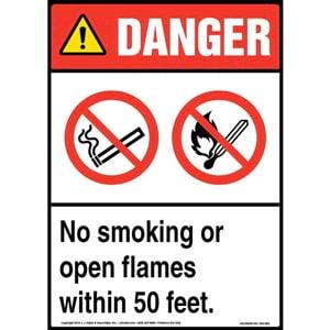 Danger: No Smoking Or Open Flames Within 50 Feet Sign with Icons - ANSI