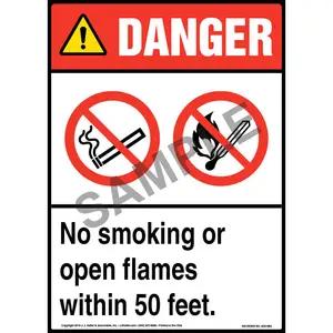 Danger: No Smoking Or Open Flames Within 50 Feet Sign with Icons - ANSI