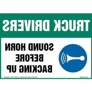 Truck Drivers: Sound Horn Before Backing Up Sign with Icon - Mirror Image