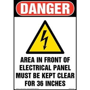 Danger: Area In Front Of Electrical Panel Must Be Kept Clear Sign with Icon - OSHA