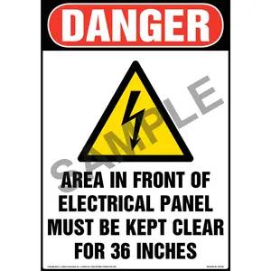 Danger: Area In Front Of Electrical Panel Must Be Kept Clear Sign with Icon - OSHA