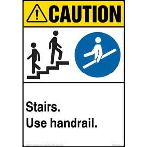 Caution: Stairs, Use Handrail Sign with Icons - ANSI, Portrait