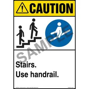 Caution: Stairs, Use Handrail Sign with Icons - ANSI, Portrait