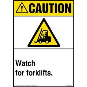 Caution: Watch For Forklift Sign with Icon - ANSI, Portrait