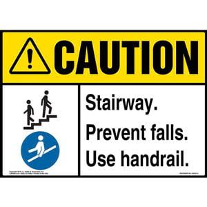 Caution: Stairway, Prevent Falls, Use Handrail Sign with Icons - ANSI
