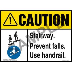 Caution: Stairway, Prevent Falls, Use Handrail Sign with Icons - ANSI