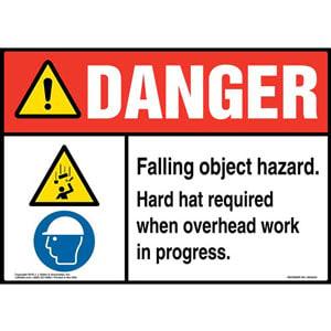 Danger: Falling Object Hazard, Hard Hat Required When Overhead Work in Progress Sign with Icons - ANSI