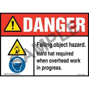 Danger: Falling Object Hazard, Hard Hat Required When Overhead Work in Progress Sign with Icons - ANSI