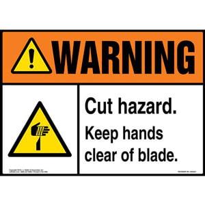 Warning: Cut Hazard, Keep Hands Clear of Blade Sign with Icon - ANSI