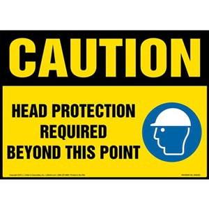 Caution: Head Protection Required Beyond This Point Sign with Icon - OSHA