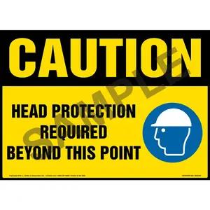 Caution: Head Protection Required Beyond This Point Sign with Icon - OSHA