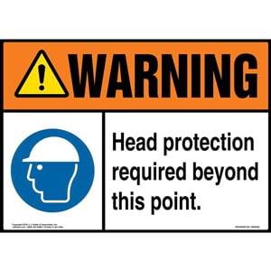 Warning: Head Protection Required Beyond This Point Sign with Icon - ANSI