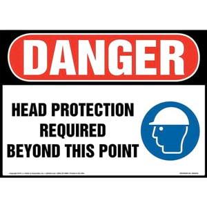 Danger: Head Protection Required Beyond This Point Sign with Icon - OSHA