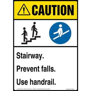 Caution: Stairway, Prevent Falls, Use Handrail Sign with Icons - ANSI
