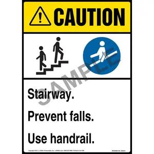 Caution: Stairway, Prevent Falls, Use Handrail Sign with Icons - ANSI