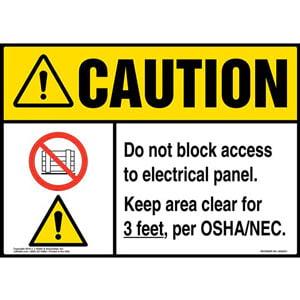 Caution: Do Not Block Electrical Panel, Keep Area Clear For 3 Ft. Sign with Icons - ANSI, Landscape