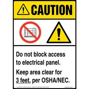 Caution: Do Not Block Electrical Panel, Keep Area Clear For 3 Ft. Sign with Icons - ANSI